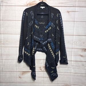 Adore Black Embroidered Draped Open Front Cardigan Waterfall Asymmetrical Large